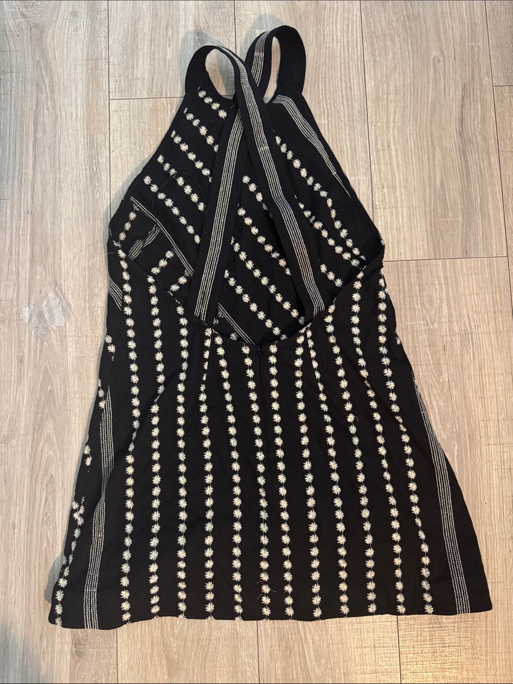 Free People Black Mini Dress with cream Daisy Stripe Embroidery NWOT